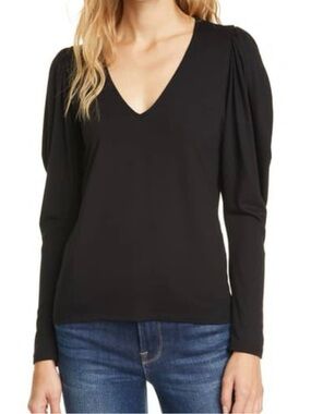 FRAME Shirred Long Sleeve V-Neck Top Black Siz S Whimsigoth Feminine Puff Sleeve